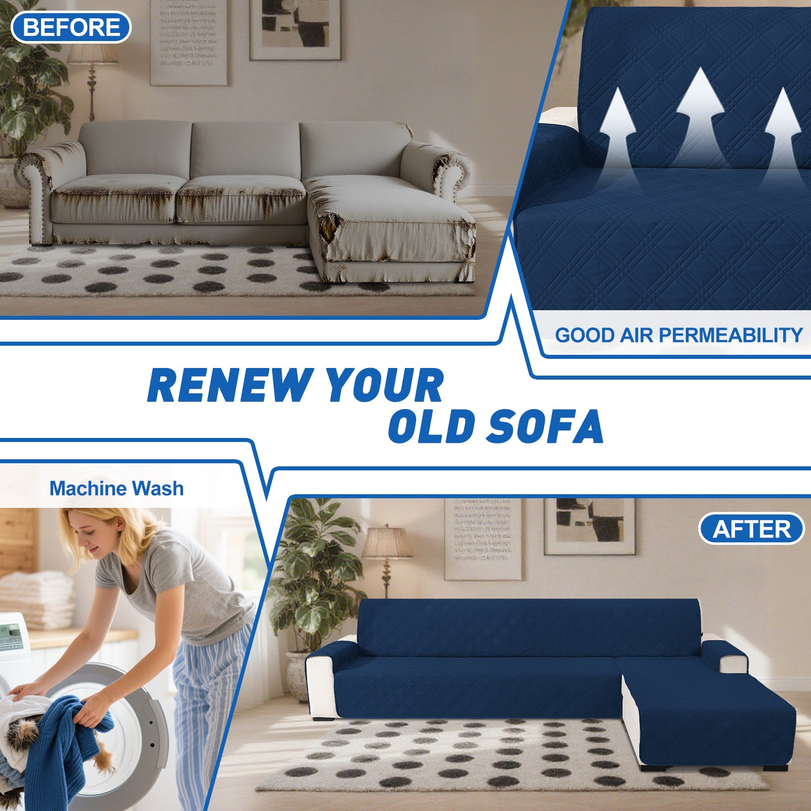 YSTYLE Reversible 4 Seater Corner Sofa Cover Quilted Anti Slip-YSTYLE