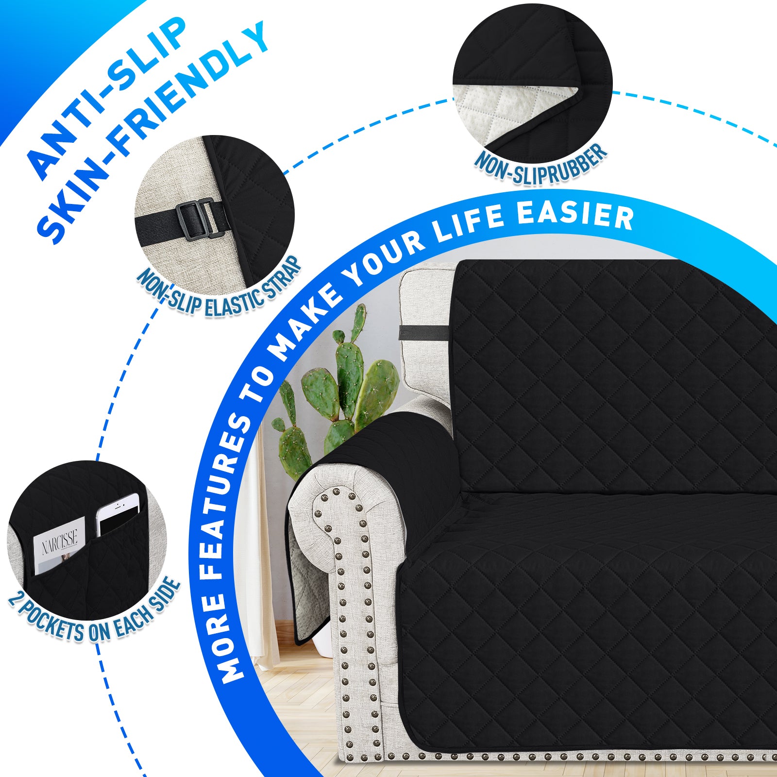 Ystyle Waterproof 1 Seater Sofa Cover with Side Pockets Anti-Slip