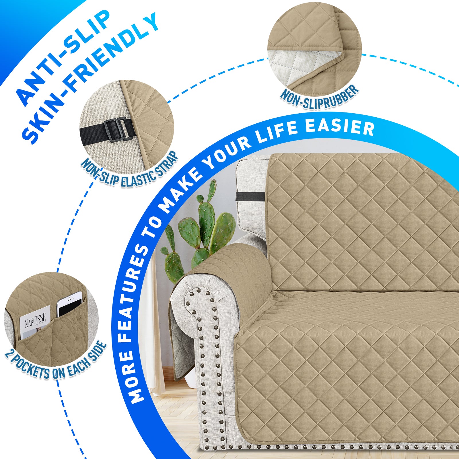Ystyle Waterproof 1 Seater Sofa Cover with Side Pockets Anti-Slip