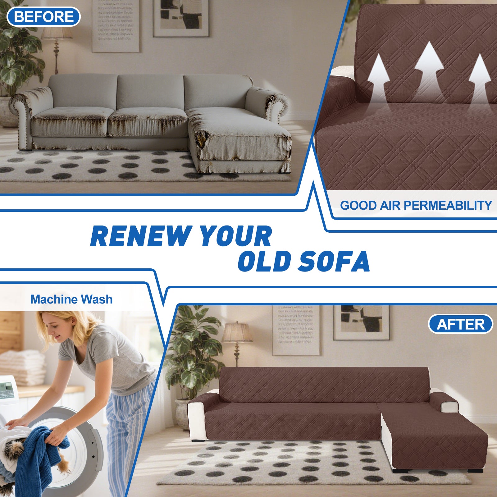 YSTYLE Reversible 4 Seater Corner Sofa Cover Quilted Anti Slip-YSTYLE