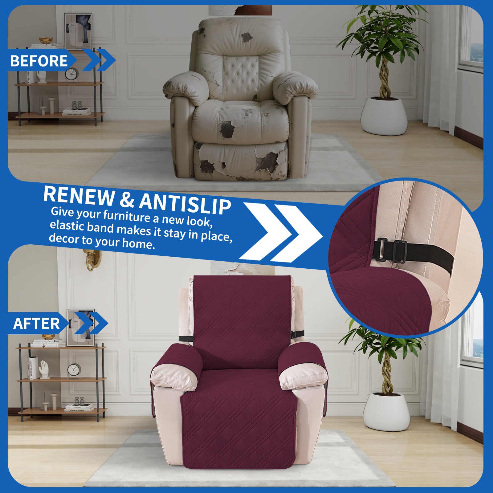 YSTYLE Reversible Reclining Armchair Cover with Armrests Anti Scratch-YSTYLE