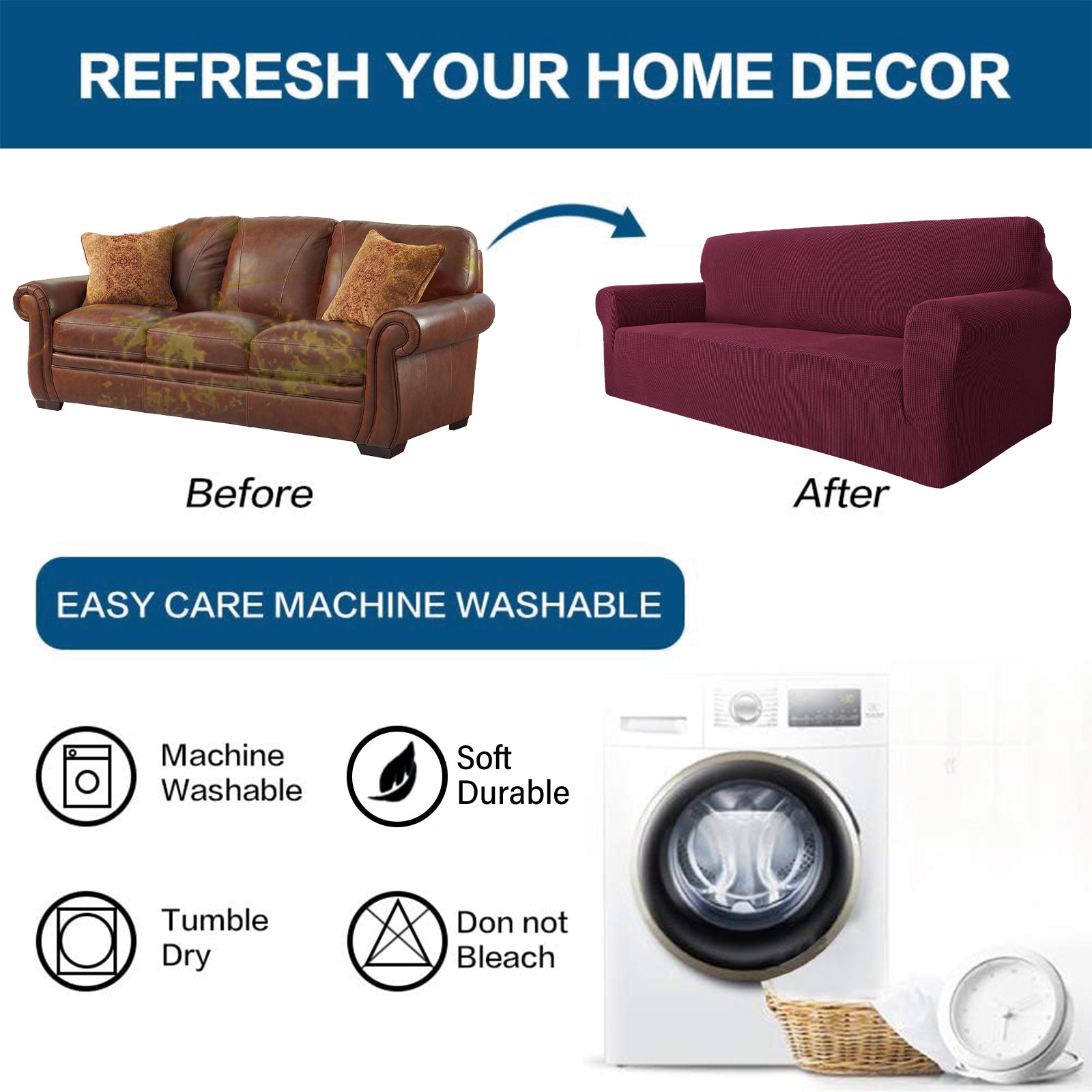 YSTYLE Cubierta de Sofá para 3 Personas – Elástica, Antideslizante y Amigable con Mascotas, Resistente a los Rayones, Lavable-Red 