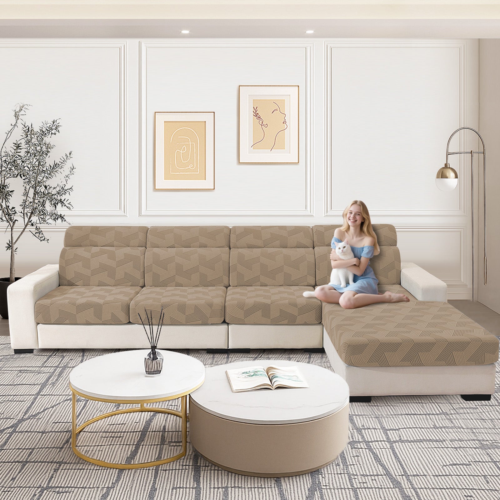 Ystyle Elastic Sofa Seat Cover, Universal Living Room Cushion Cover, Separate Sofa Cushion Slipcovers, Non-Slip, Stain-Resistant, Super Soft & Washable(2 Pieces+Chaise longue)