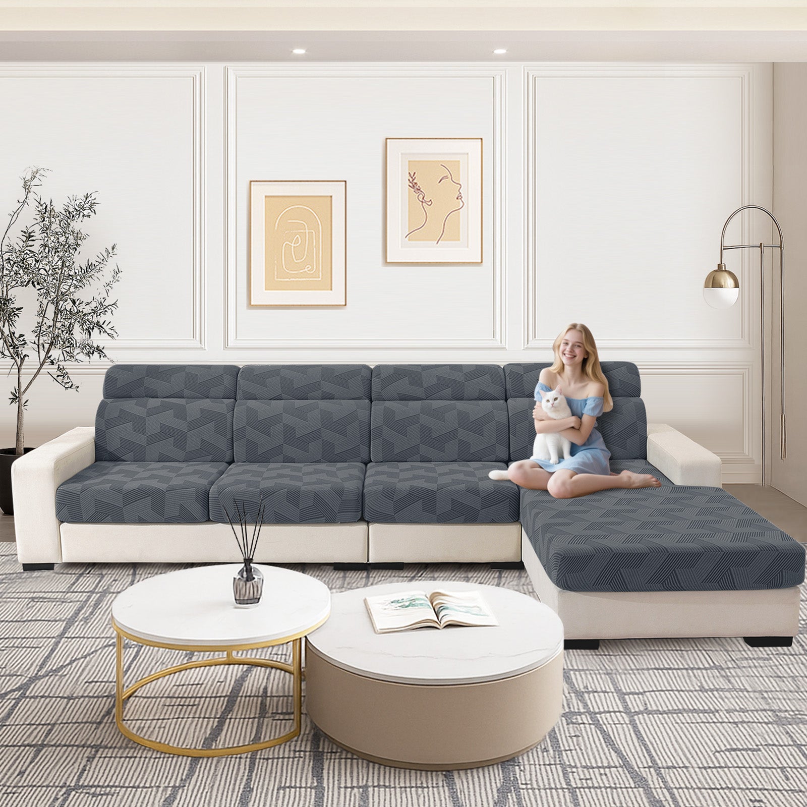 Ystyle Elastic Sofa Seat Cover, Universal Living Room Cushion Cover, Separate Sofa Cushion Slipcovers, Non-Slip, Stain-Resistant, Super Soft & Washable(2 Pieces+Chaise longue)