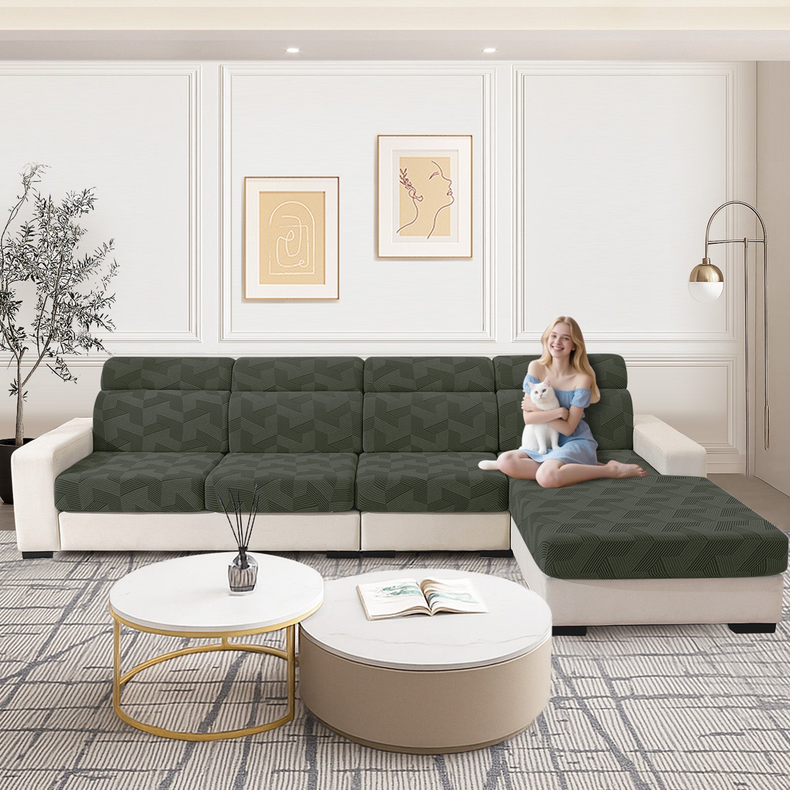 Ystyle Elastic Sofa Seat Cover, Universal Living Room Cushion Cover, Separate Sofa Cushion Slipcovers, Non-Slip, Stain-Resistant, Super Soft & Washable(2 Pieces+Chaise longue)