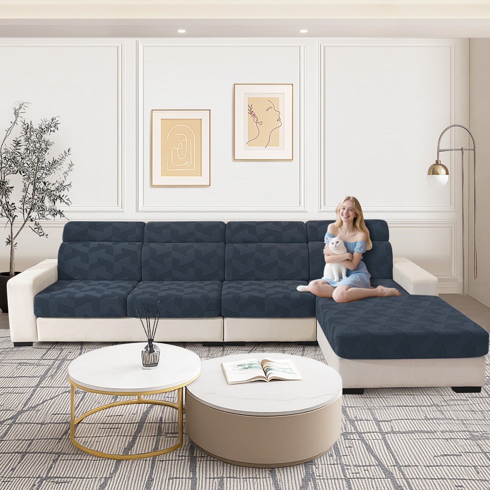 Ystyle Elastic Sofa Seat Cover, Universal Living Room Cushion Cover, Separate Sofa Cushion Slipcovers, Non-Slip, Stain-Resistant, Super Soft & Washable(2 Pieces+Chaise longue)