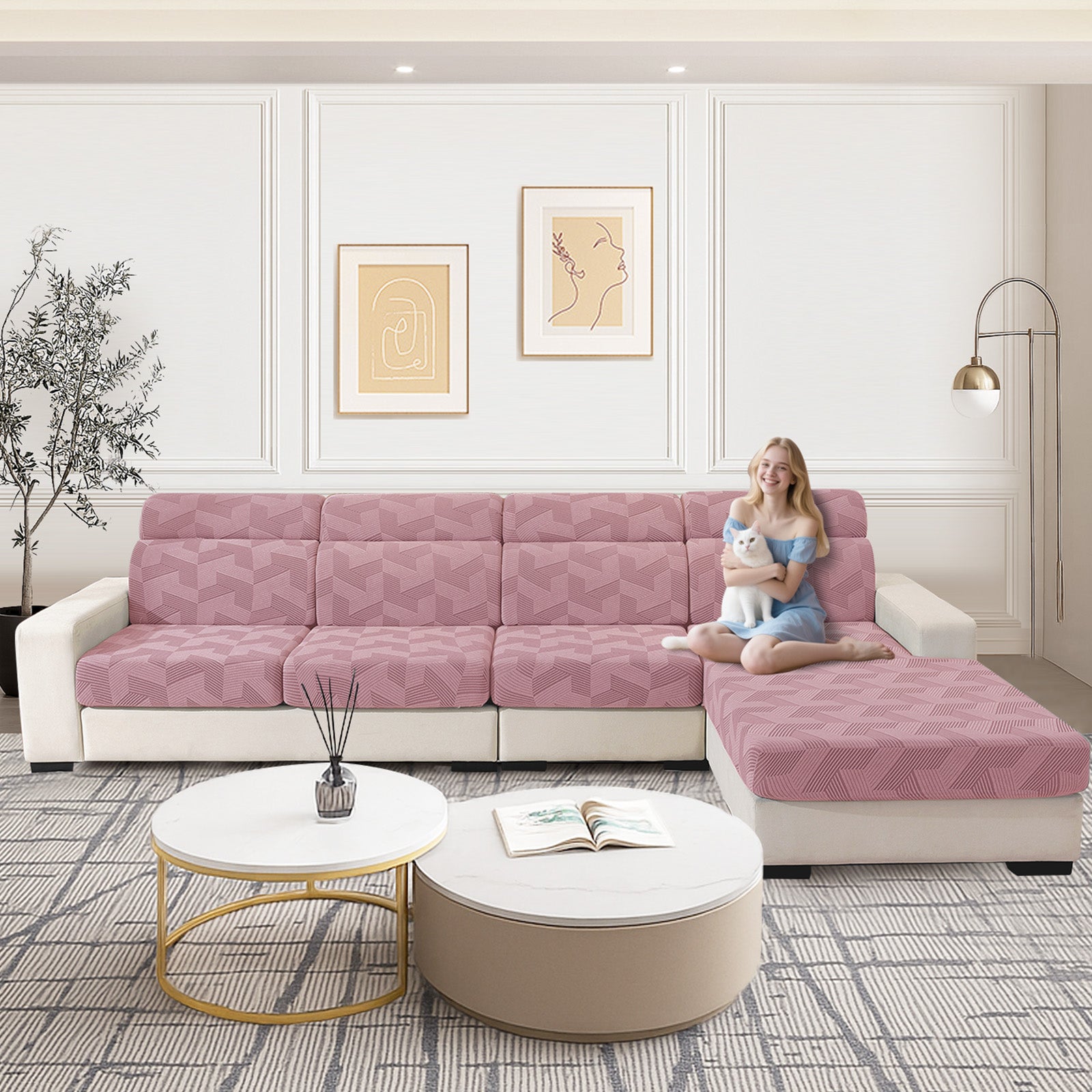 Ystyle Elastic Sofa Seat Cover, Universal Living Room Cushion Cover, Separate Sofa Cushion Slipcovers, Non-Slip, Stain-Resistant, Super Soft & Washable(2 Pieces+Chaise longue)