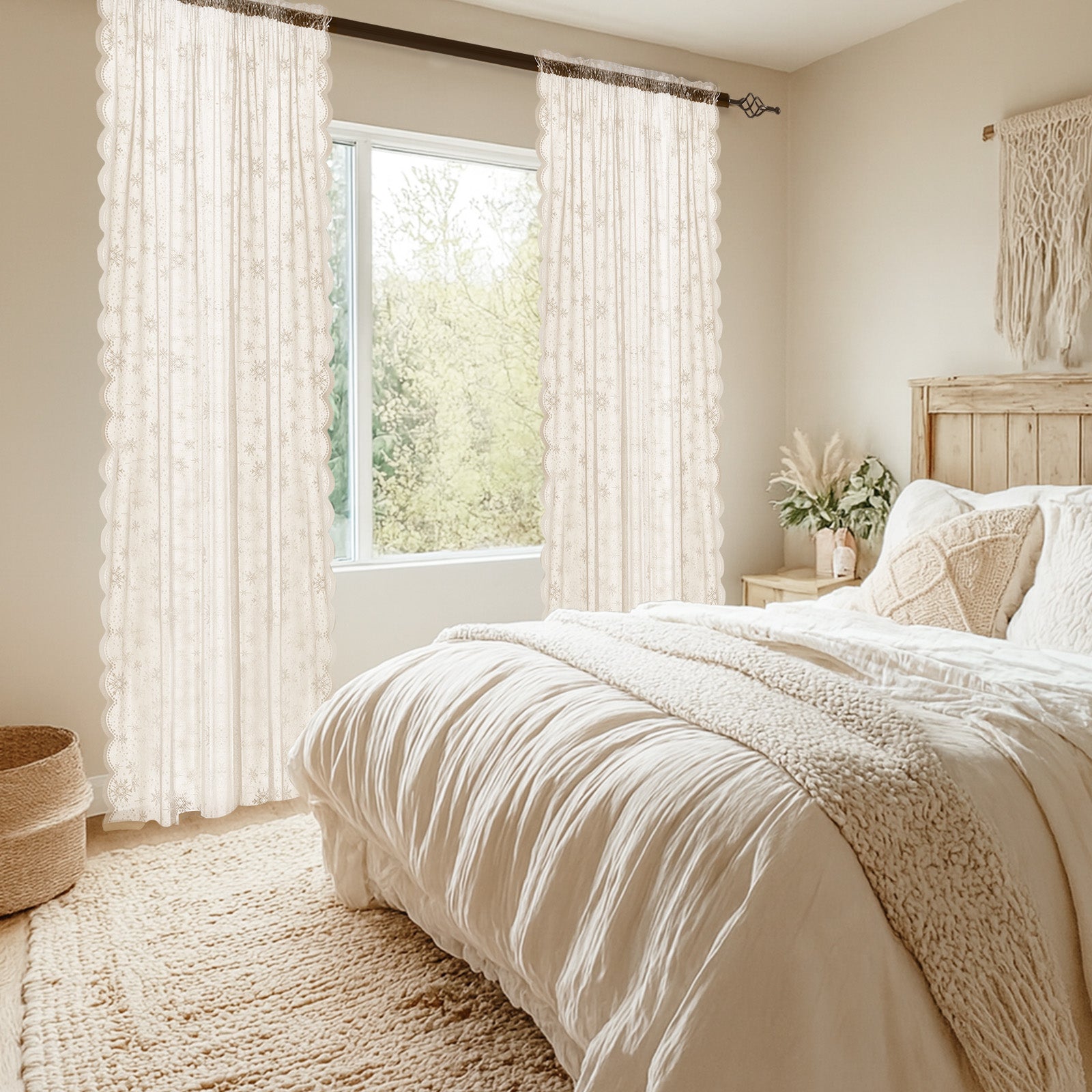 Ystyle 2 Panels Set, Semi-Sheer Indoor Curtains, 70x120cm, Classic Snowflake Pattern Lace Voile Curtains with Rod Pocket