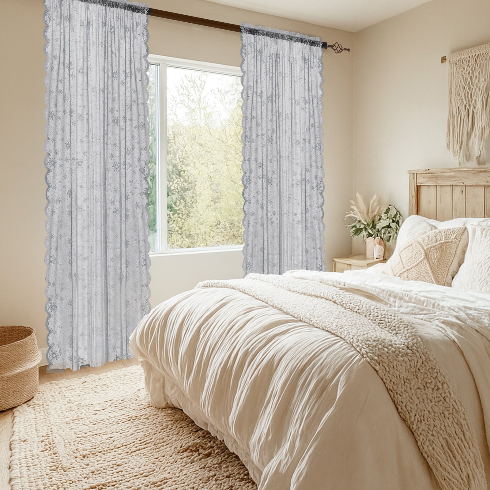 Ystyle 2 Panels Set, Semi-Sheer Indoor Curtains, 70x120cm, Classic Snowflake Pattern Lace Voile Curtains with Rod Pocket