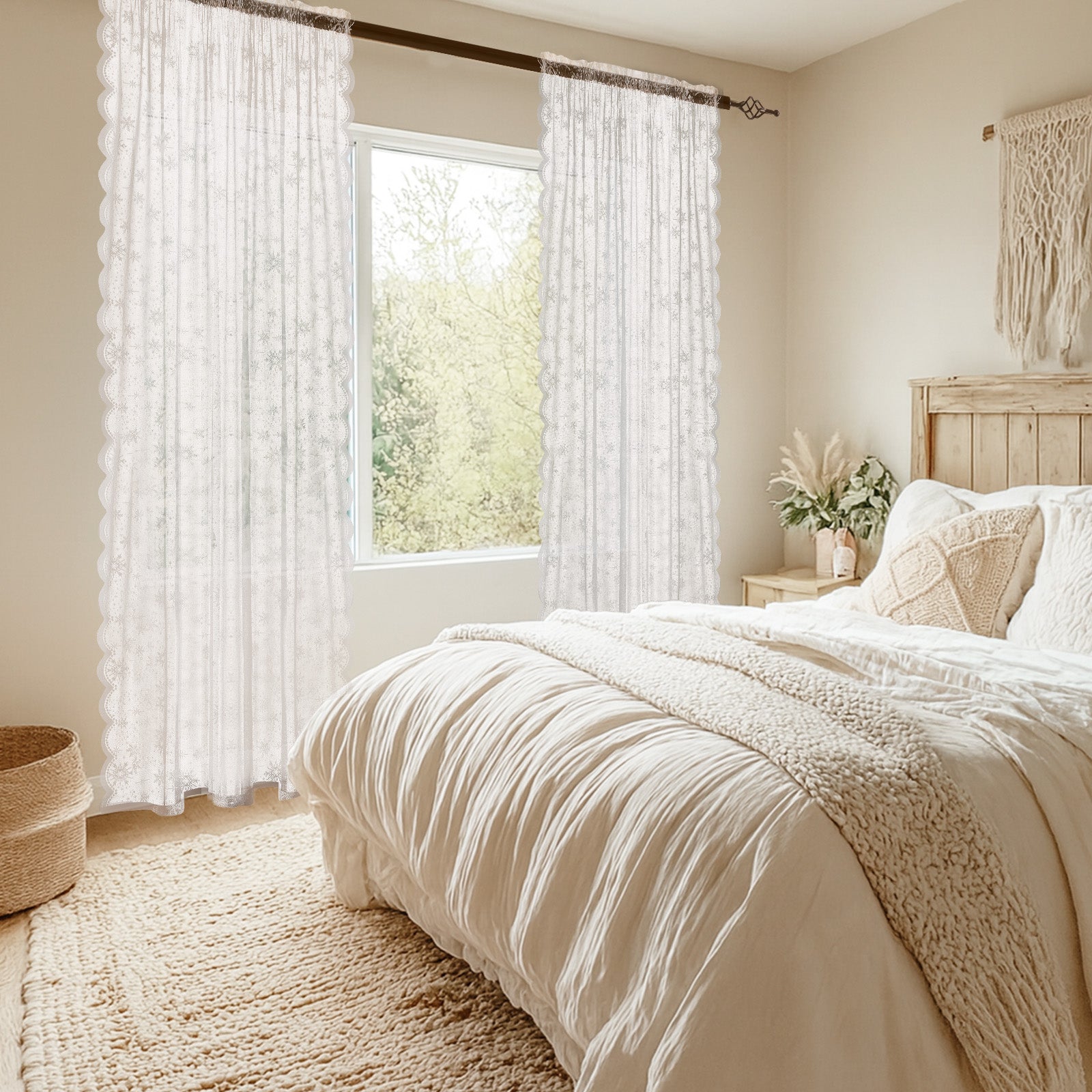 Ystyle 2 Panels Set, Semi-Sheer Indoor Curtains, 70x120cm, Classic Snowflake Pattern Lace Voile Curtains with Rod Pocket