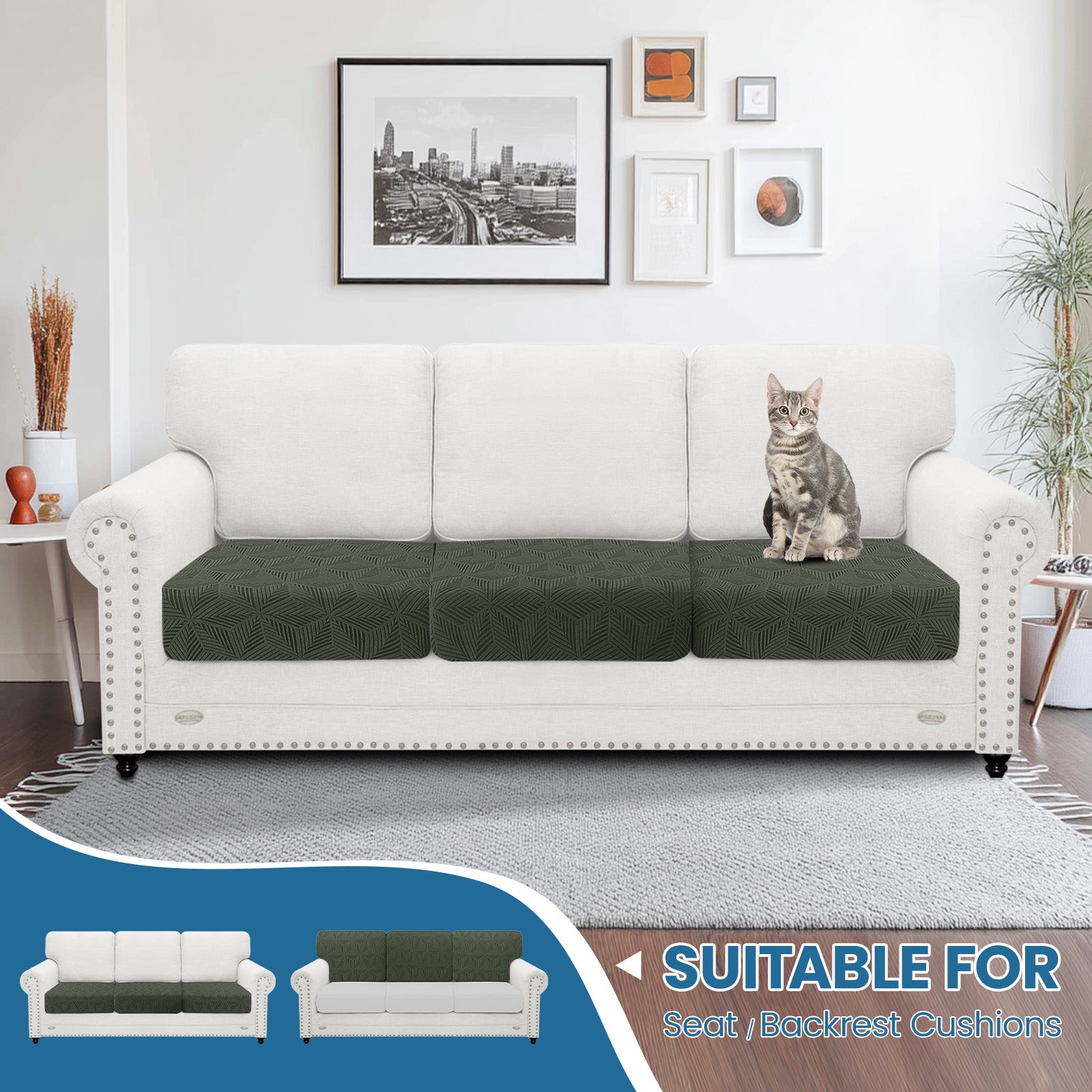 Ystyle 3 Piece Elastic Sofa Cushion Covers, Separate Sofa Seat Cushion Slipcovers, Universal Stretch Sofa Seat Protectors