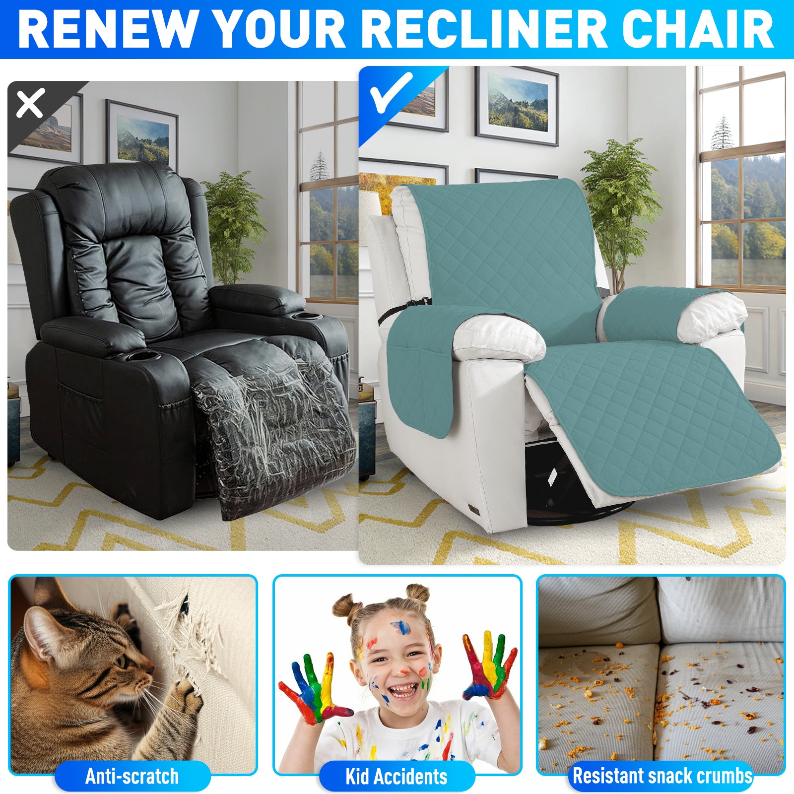 Waterproof 1 Seater Armchair Cover with Non-Slip Backing and Pockets