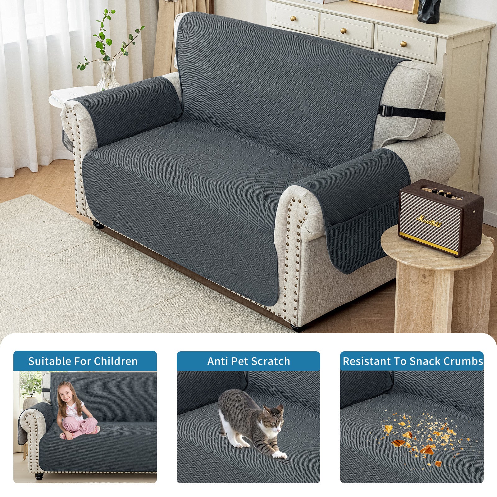 3 Seater Sofa Cover with Armrests in Non-Slip Scratch-Resistant Geometric Fabric