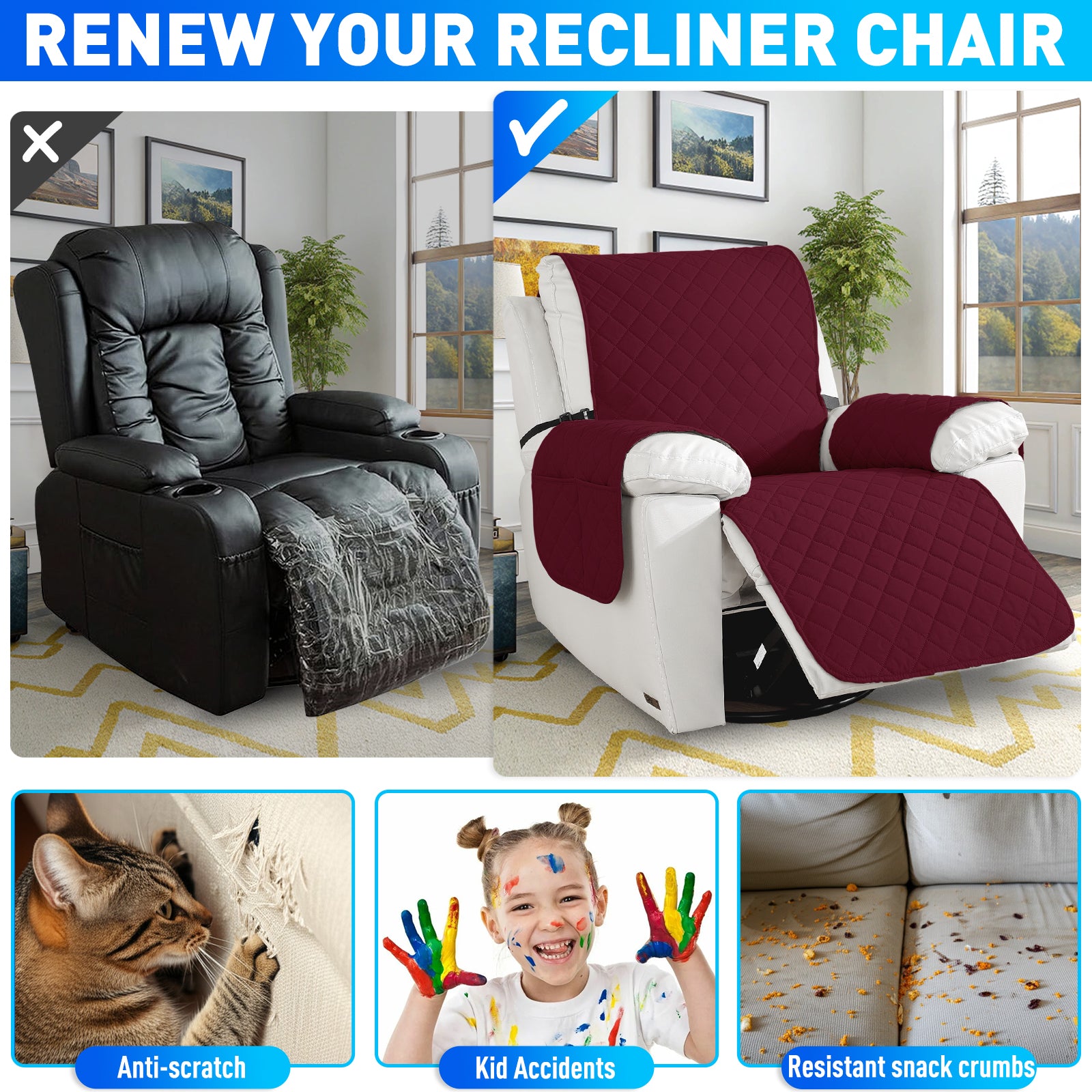 Waterproof 1 Seater Armchair Cover with Non-Slip Backing and Pockets