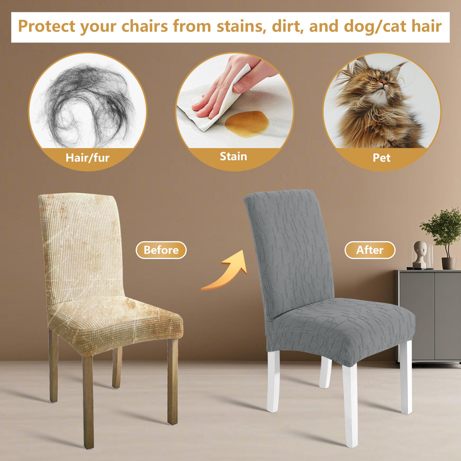 Ystyle 6-Piece Chair Covers with Backrest, Elastic Living Room Kitchen Chair Slipcovers, Soft Comfortable Anti-Scratch Chair Covers, Easy to Clean and Durable, Washable Removable