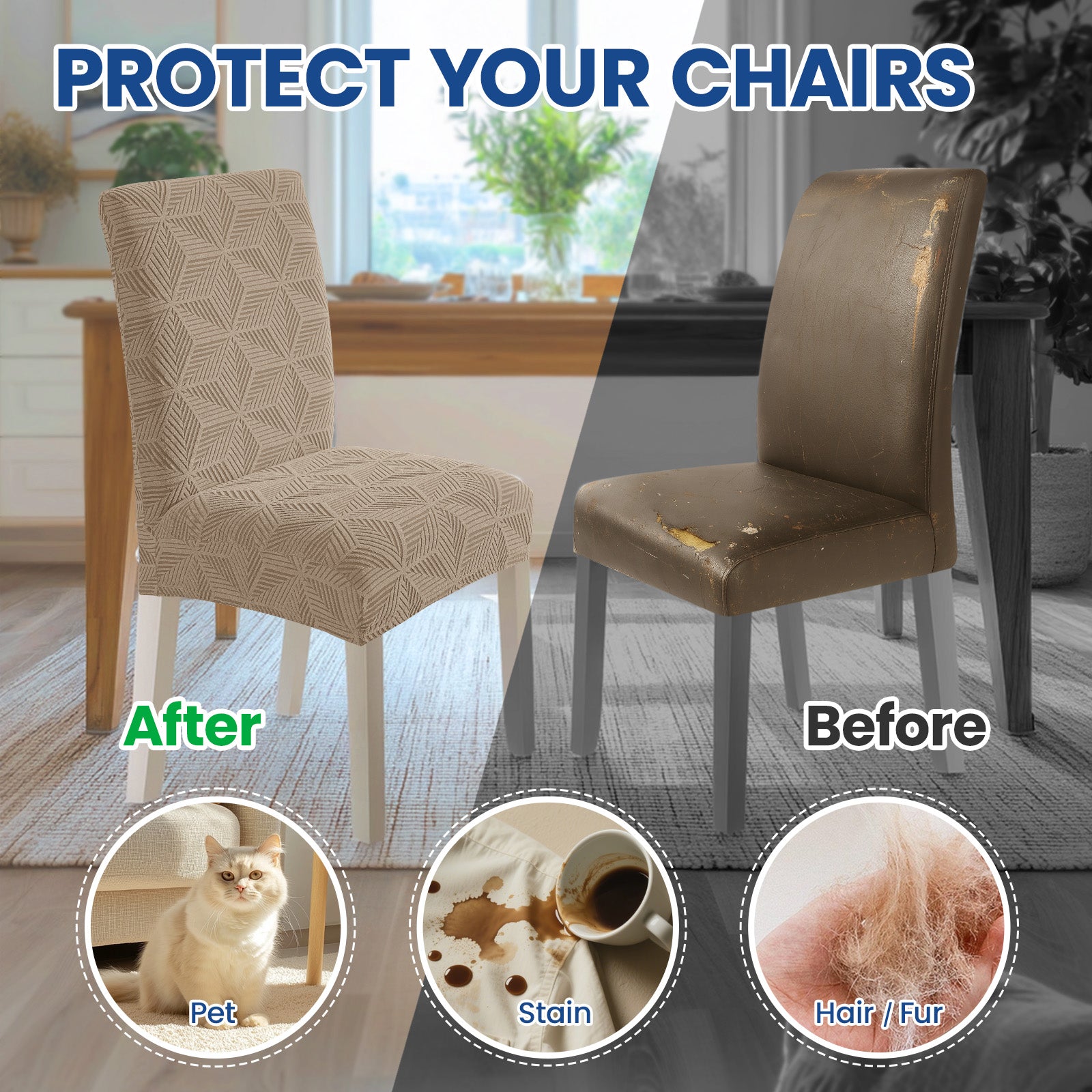 Ystyle 4-Piece Chair Covers with Backrest, Elastic Slipcovers, Universal Living Room Kitchen Chair Protectors, Cat Scratch-Resistant Modern Stain-Proof Dining Chair Covers