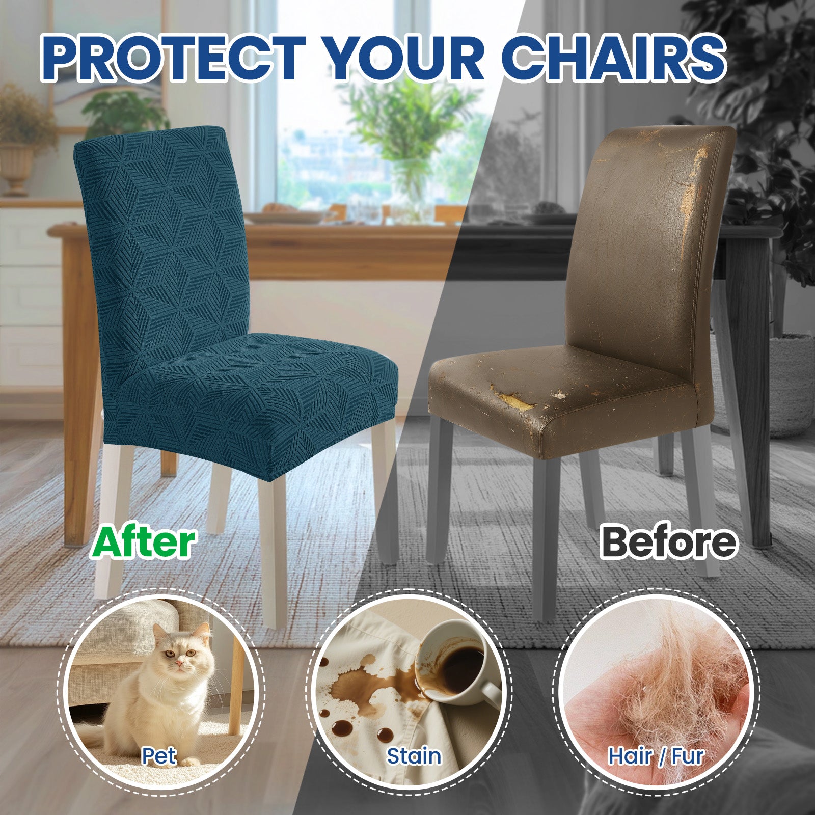 Ystyle 4-Piece Chair Covers with Backrest, Elastic Slipcovers, Universal Living Room Kitchen Chair Protectors, Cat Scratch-Resistant Modern Stain-Proof Dining Chair Covers