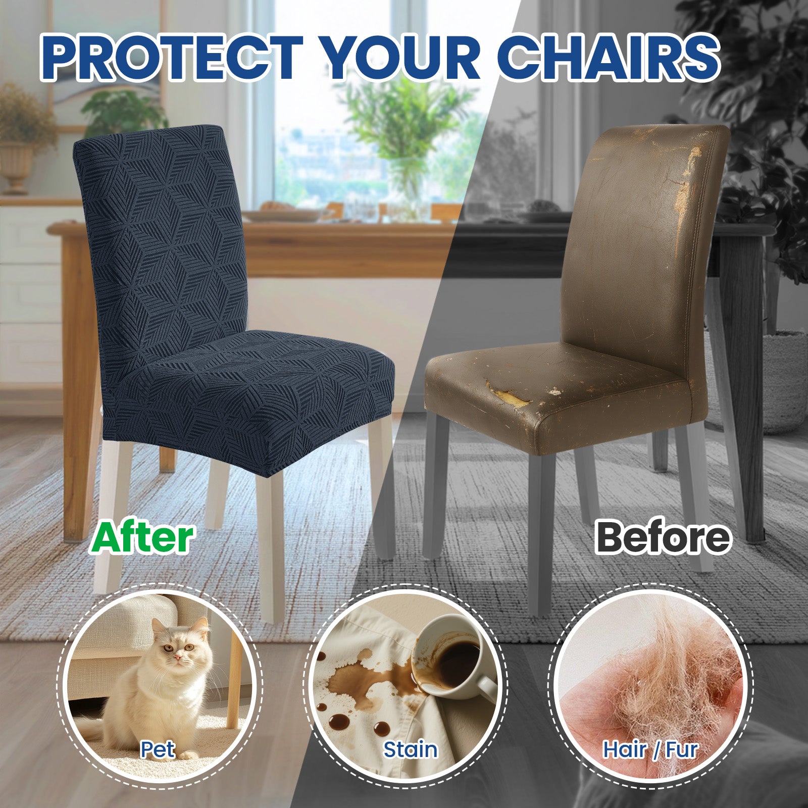 Ystyle 4-Piece Chair Covers with Backrest, Elastic Slipcovers, Universal Living Room Kitchen Chair Protectors, Cat Scratch-Resistant Modern Stain-Proof Dining Chair Covers