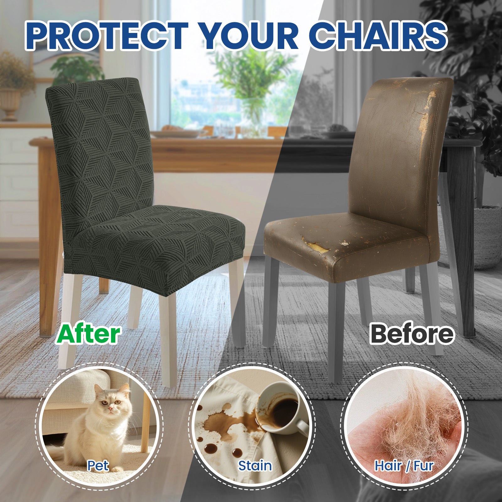 Ystyle 4-Piece Chair Covers with Backrest, Elastic Slipcovers, Universal Living Room Kitchen Chair Protectors, Cat Scratch-Resistant Modern Stain-Proof Dining Chair Covers