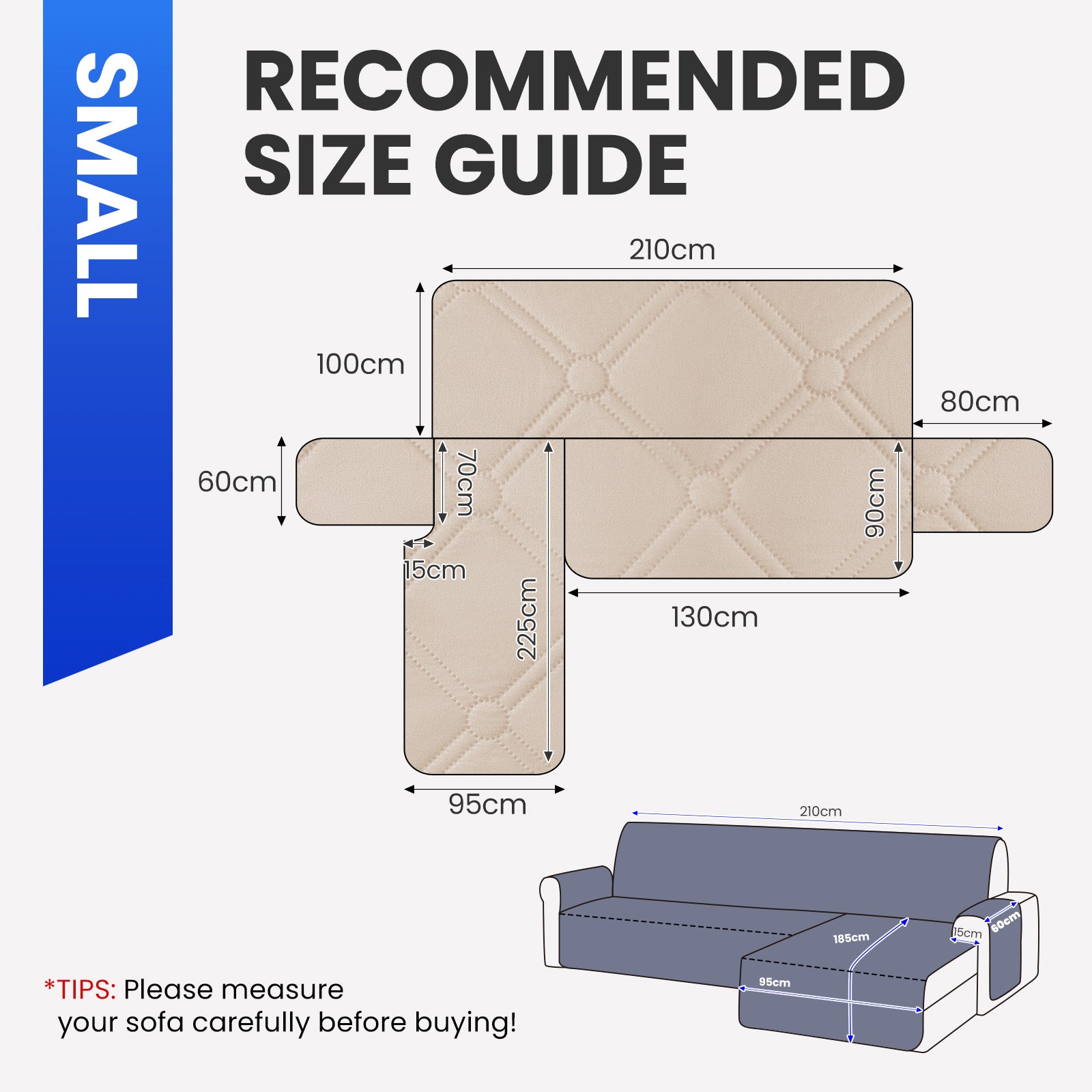 Ystyle Waterproof 2 Seater Corner Sofa Cover Reversible 210 cm