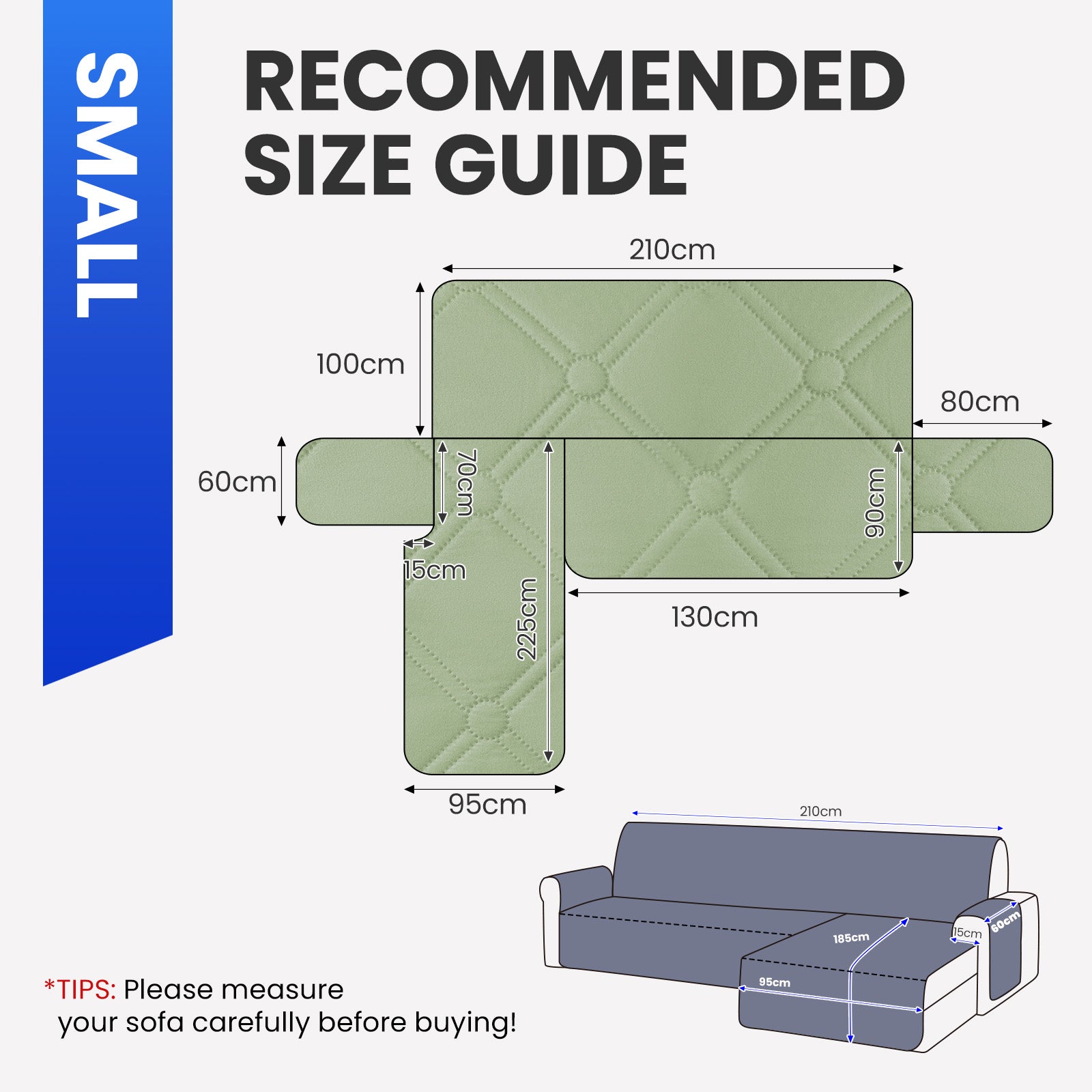 Ystyle Waterproof 2 Seater Corner Sofa Cover Reversible 210 cm