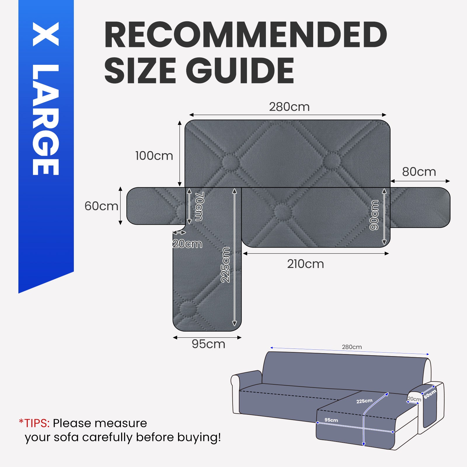 Ystyle Waterproof 4 Seater Corner Sofa Cover Reversible 280 cm